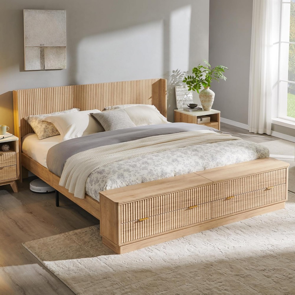 King Size Bed Frame With Storage Drawers - โครงเตียงขนาดคิงไซส์พร้อมม้านั่งเก็บของ หัวเตียงแบบวิงแบ็ค ลิ้นชัก โครงเหล็กหุ้มไม้ แบบเงียบ ไม่ต้องใช้ฐานรองเตียง