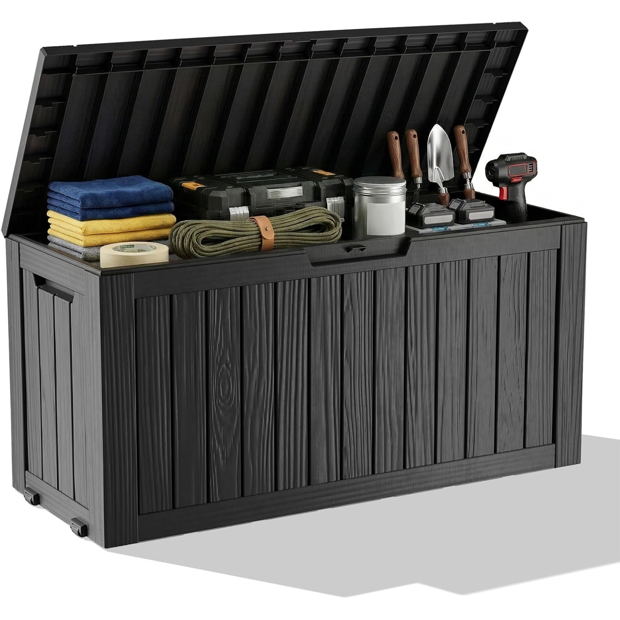 Outdoor Furniture - กล่องเก็บของกลางแจ้งกันน้ำทำจากเรซิน พร้อมกุญแจล็อค ทนทานต่อรังสียูวี ใช้เป็นม้านั่งกลางแจ้ง เฟอร์นิเจอร์สำหรับลานบ้าน ระเบียง