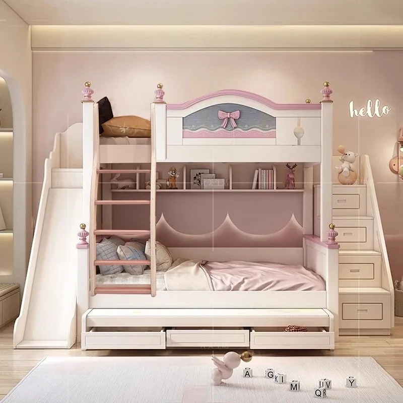 Bunk Bed With Stairs And Slide - เตียงสองชั้นไม้จริงสั่งทำราคาถูก คุณภาพสูง เฟอร์นิเจอร์ห้องนอนสำหรับเด็กและเด็กแฝด พร้อมสไลเดอร์และบันได