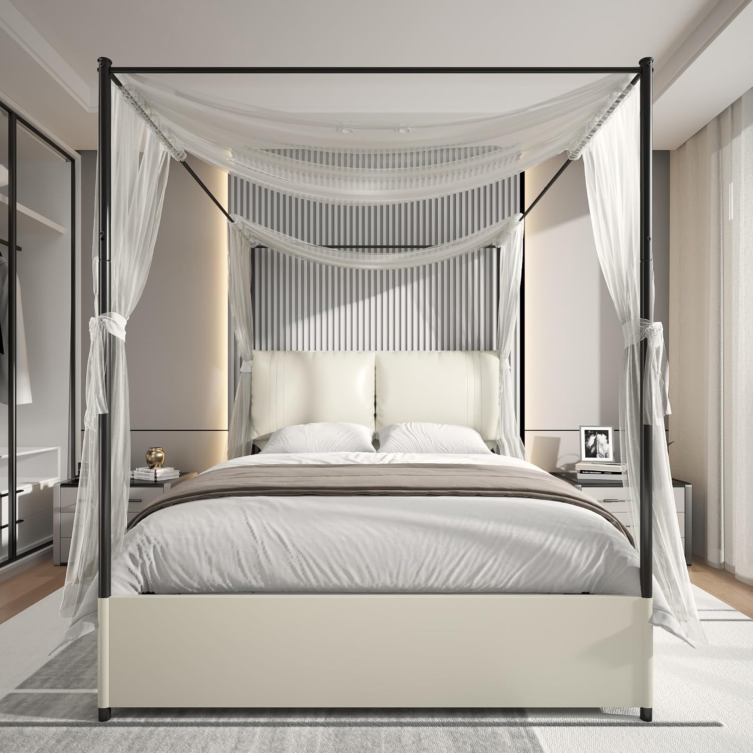 Canopy Bed Frame Metal Queen - โครงเตียงควีนไซส์พร้อมหัวเตียงบุผ้า โครงเหล็ก ประกอบง่าย ไม่ต้องใช้บ็อกซ์สปริง สีขาว ปรับแต่งได้