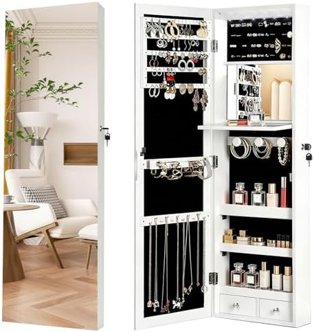 Full Length Mirror Jewelry Armoire - ตู้เก็บเครื่องประดับแบบล็อคได้พร้อมกระจกเต็มตัว, ไฟ LED อัตโนมัติ 6 ดวง,