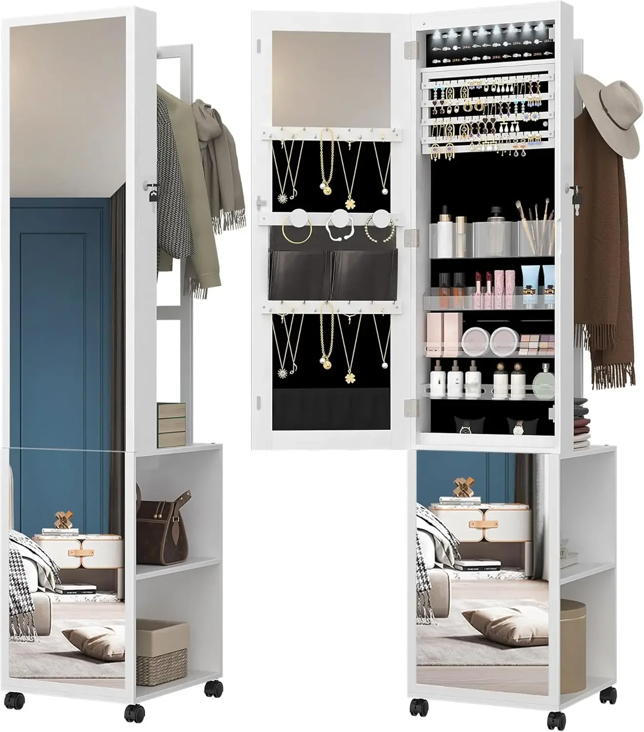 Full Length Mirror Jewelry Armoire - ตู้เก็บเครื่องประดับ LED 8 ดวง, ตู้เก็บเครื่องประดับขนาด 66.9