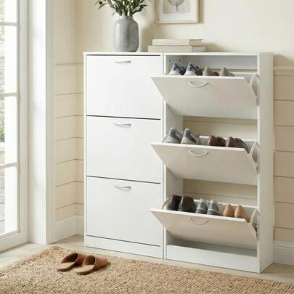 Shoe Rack Cabinet Narrow Entryway - ตู้เก็บรองเท้าสำหรับทางเข้าบ้าน ตู้เก็บรองเท้าทรงแคบพร้อมลิ้นชักแบบเปิด-ปิด 3 ช่อง ชั้นวางรองเท้าไม้แบบบาง 3