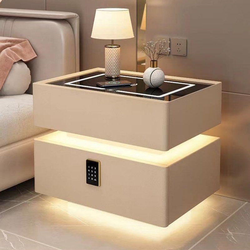 Solid Wood Nightstand 2 Drawers - โต๊ะข้างเตียงไม้เนื้อแข็งสไตล์โมเดิร์นพร้อมการชาร์จไร้สายสมาร์ท 2 ลิ้นชักโต๊ะข้างเตียงในห้องนอนพร้อมล็อค 40 ซม