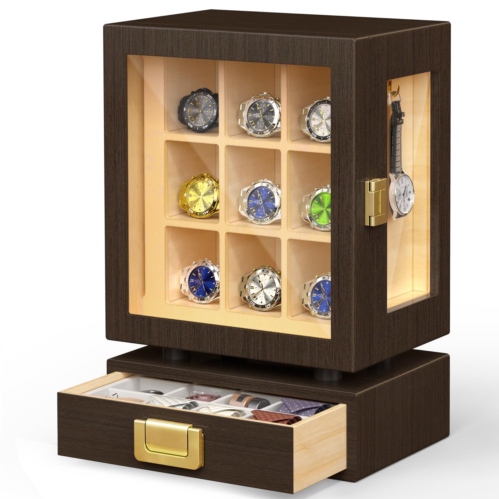 Storage - กล่องเก็บนาฬิกาไม้ทรงสี่เหลี่ยมแบบกำหนดเอง กล่องโชว์นาฬิกาไม้วอลนัทแท้ ลิ้นชักกันน้ำ ความจุขนาดใหญ่ ที่เก็บนาฬิกาทันสมัย