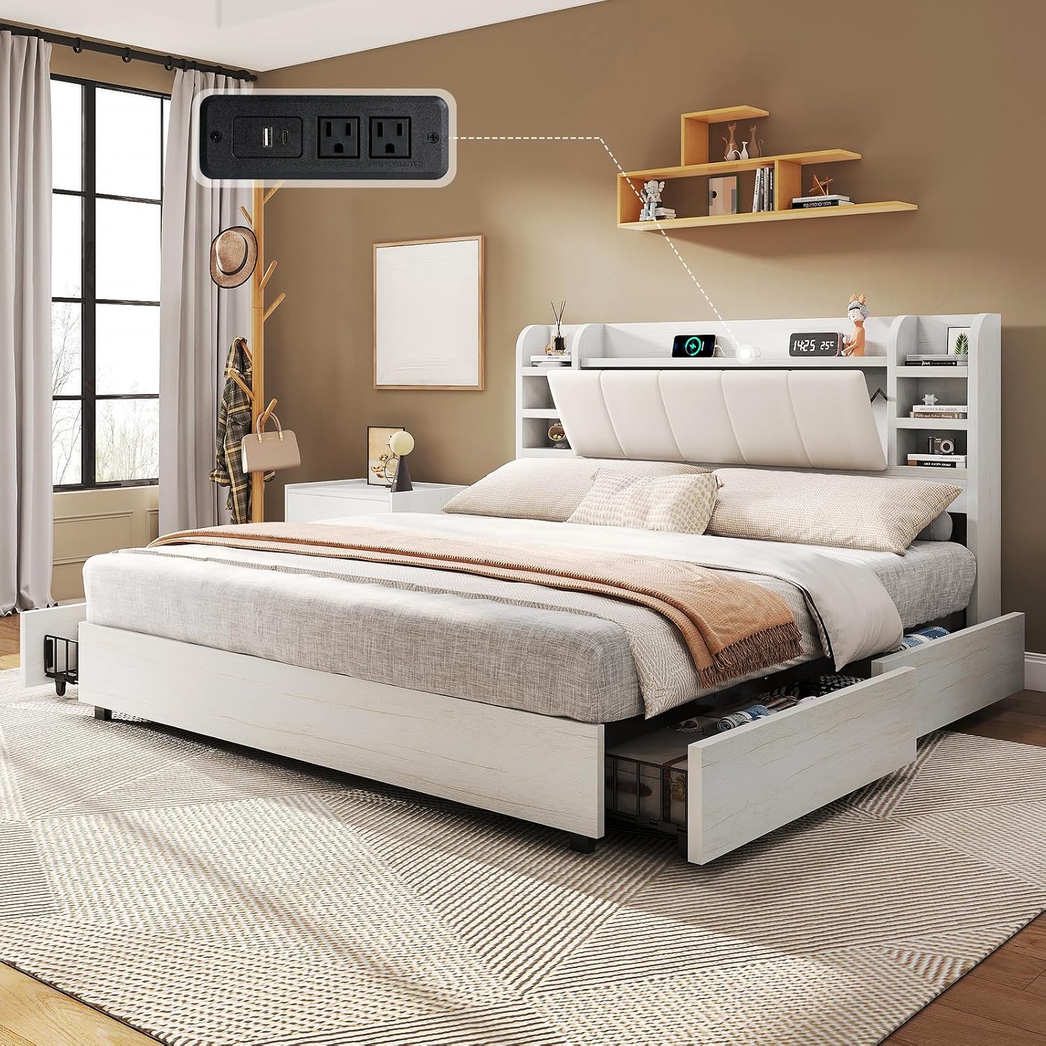 King Size Bed Frame With Storage Drawers - เตียงแพลตฟอร์มหุ้มเบาะขนาดคิงไซส์ พร้อมหัวเตียงแบบมีชั้นวางหนังสือและลิ้นชัก 4 ช่อง, สถานีชาร์จ, โครงเตียงโลหะ,