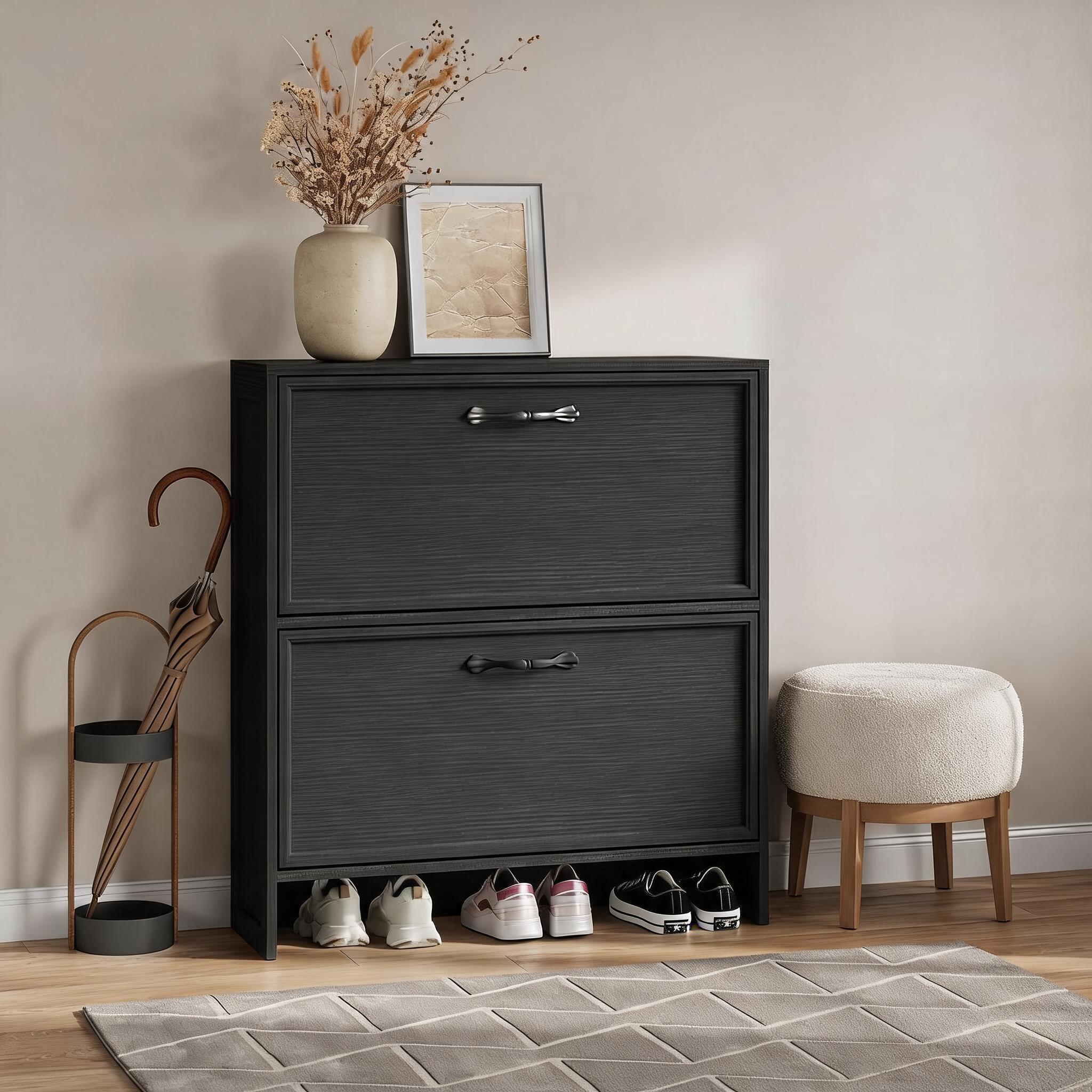 Shoe Rack Cabinet Narrow Entryway - ตู้เก็บรองเท้าแบบ 2 ลิ้นชักพร้อมชั้นวางปรับได้ ประหยัดพื้นที่ เหมาะสำหรับทางเข้าแคบ จัดเก็บรองเท้าได้มากกว่า