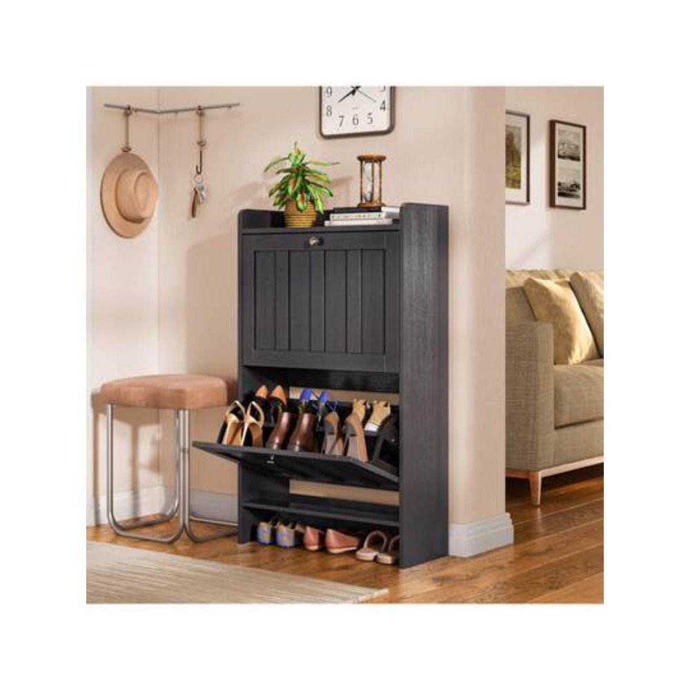 Shoe Rack Cabinet Narrow Entryway - ตู้เก็บรองเท้าพร้อมลิ้นชักแบบเปิด-ปิด 2 ช่อง, ตู้เก็บรองเท้าสำหรับทางเข้าบ้าน, ตู้เก็บรองเท้าแบบตั้งพื้นทรงแคบพร้อมดีไซน์ประหยัดพื้นที่, เหมาะสำหรับห้องโถง