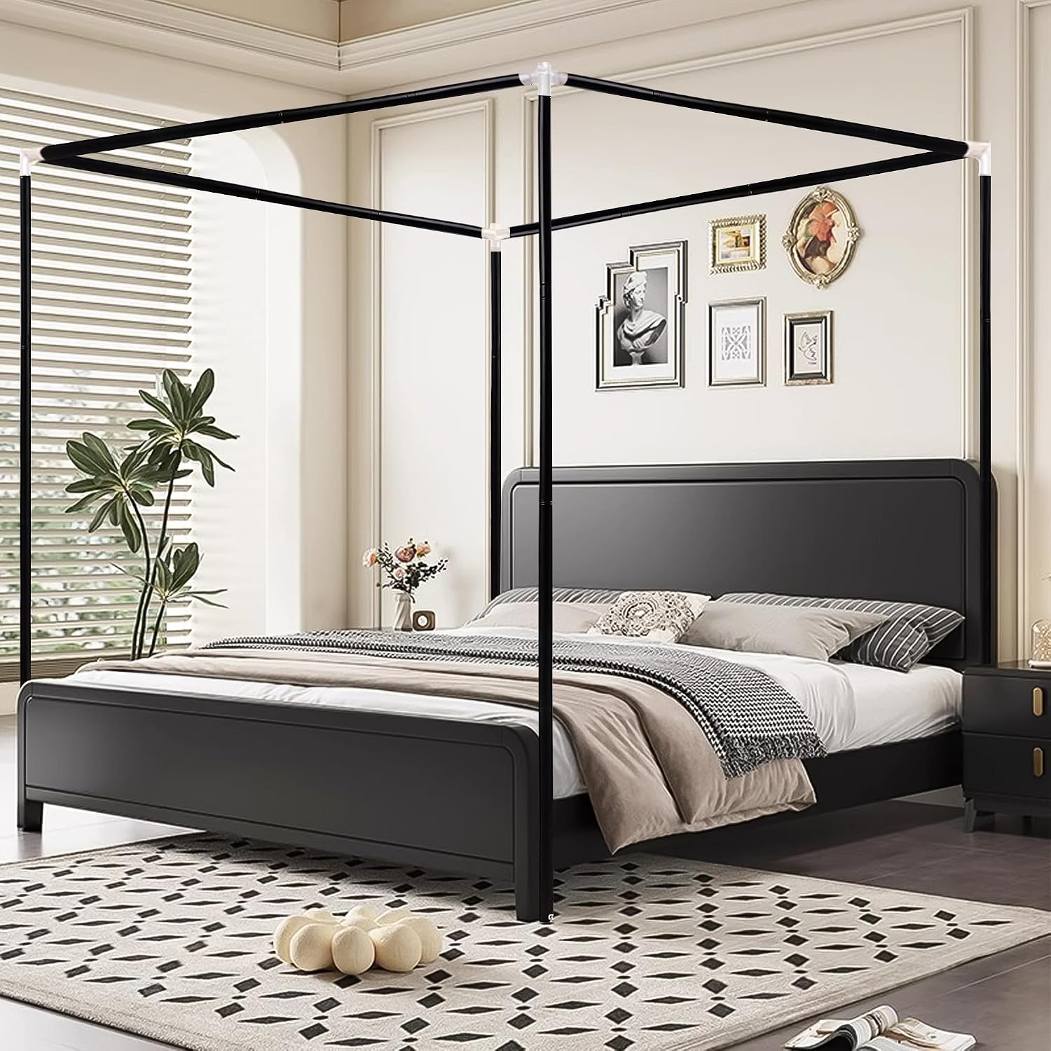 Canopy Bed Frame Metal Queen - โครงเตียงแบบมีหลังคาทำจากสแตนเลส ขนาดควีนไซส์, โครงเตียงแบบมีหลังคาขนาดควีนไซส์พร้อมเสาเสริมความแข็งแรง สำหรับเตียงโลหะ เตียงไม้ สีดำ