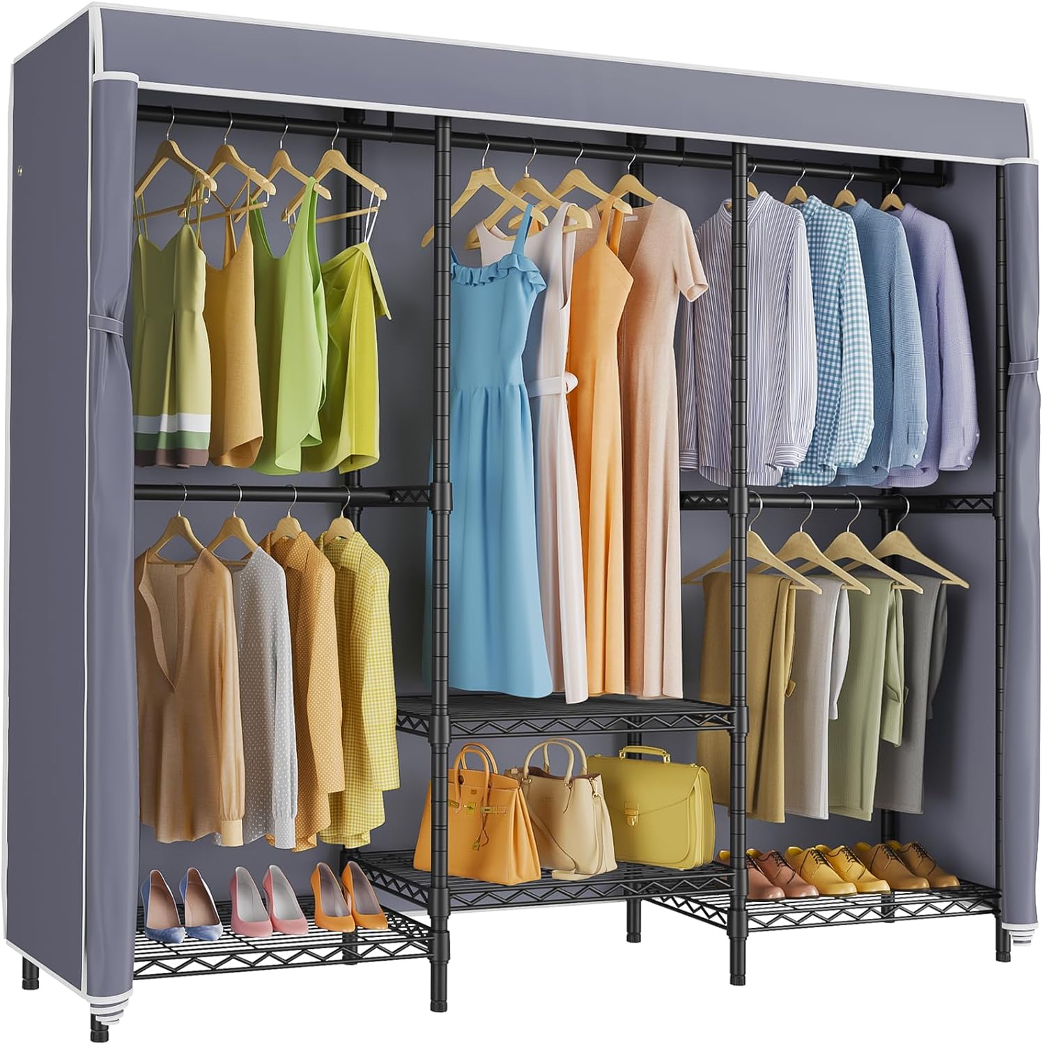 Wardrobe Closet Portable Fabric Cover - ราวแขวนเสื้อผ้าแบบมีฝาปิดพร้อมชั้นวางปรับระดับได้, ระบบจัดเก็บเสื้อผ้าแบบตั้งพื้นแบบพกพาสำหรับงานหนัก, ตู้เสื้อผ้าแบบลวดความจุสูงพร้อมผ้าคลุมผ้าอ๊อกซ์ฟอร์ด, สีดำและสีเทา