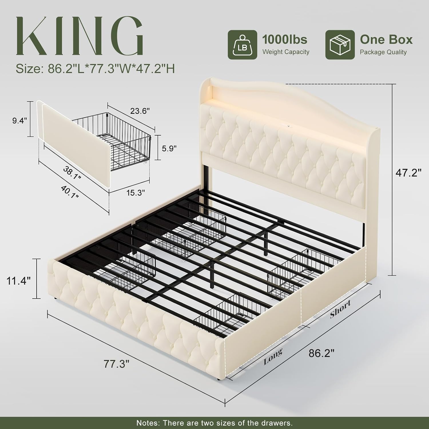 King Size Bed Frame With Storage Drawers - โครงเตียงขนาดคิงไซส์พร้อมลิ้นชักเก็บของ 4 ช่อง ขนาด 47.2 นิ้ว
