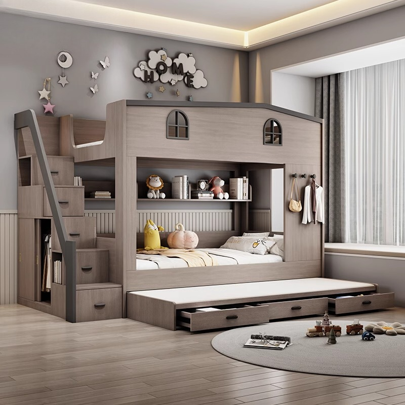 Bunk Bed With Stairs And Slide - เตียงเด็กสองชั้นสไตล์นอร์ดิก ทำจากไม้ ดีไซน์แบบลอฟท์ ปลอดภัย ทันสมัย พร้อมสไลเดอร์