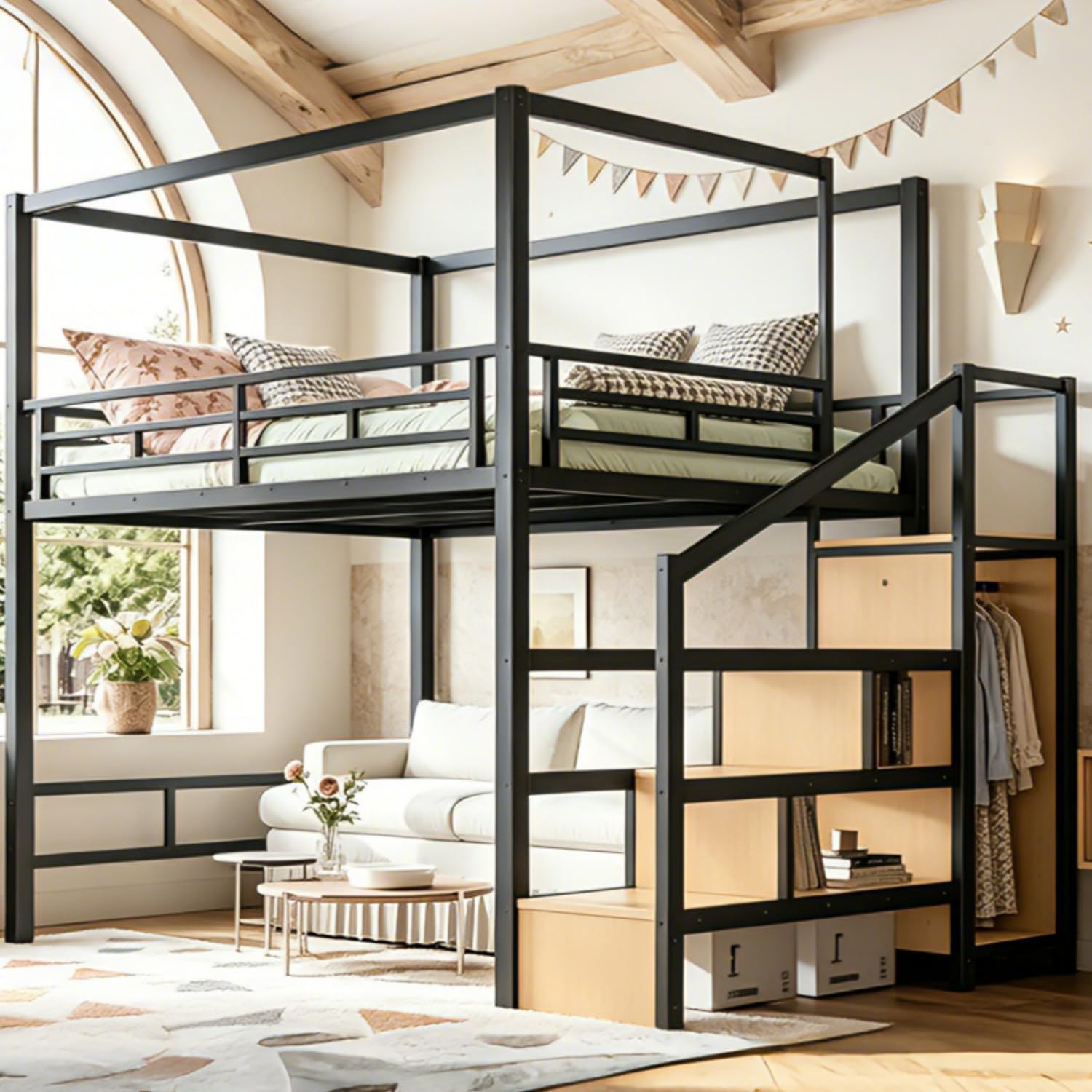 Canopy Bed Frame Metal Queen - เตียงลอฟท์แบบควีนไซส์พร้อมบันไดเก็บของและตู้เสื้อผ้า โครงเตียงโลหะแข็งแรงทนทานสำหรับผู้ใหญ่ ไม่ต้องใช้ฐานรองที่นอน สีดำธรรมชาติ ปรับแต่งได้