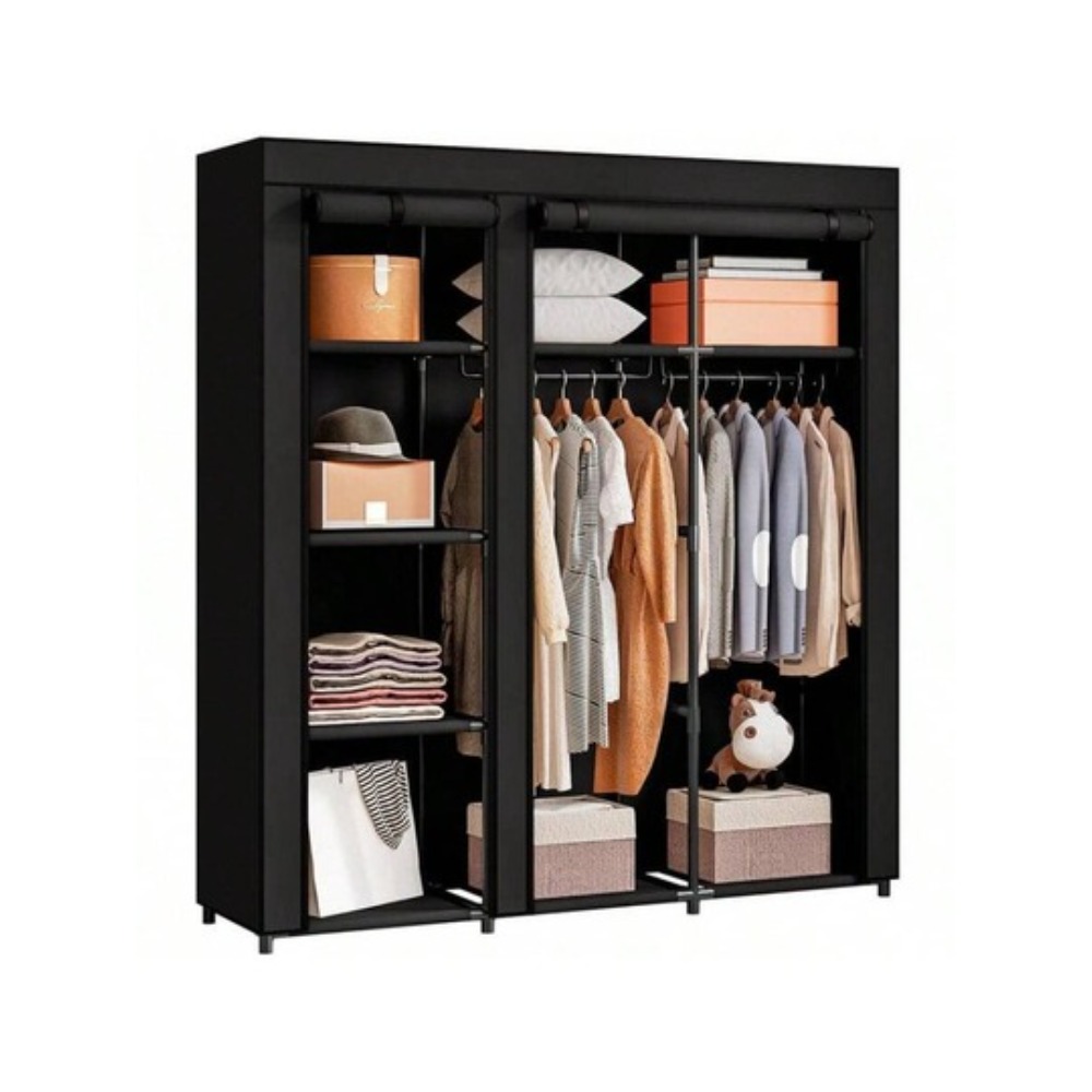 Wardrobe Closet Portable Fabric Cover - ตู้เสื้อผ้าแบบพกพาพร้อมราวแขวนโลหะและผ้าคลุมกันฝุ่น, ชั้นวางเสื้อผ้าหลายชั้นสำหรับห้องนอน, ห้องนั่งเล่น, หอพัก, อพาร์ทเมนต์, ประตูมีซิปกันฝุ่น,