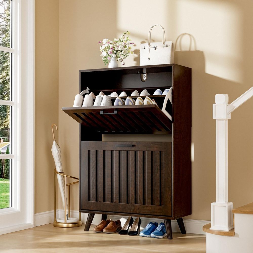 Shoe Rack Cabinet Narrow Entryway - ตู้เก็บรองเท้าหรือตู้เก็บรองเท้าแบบแคบสำหรับทางเข้าบ้าน 2 ชั้น | ตู้เก็บรองเท้าแบบตั้งพื้นพร้อมชั้นวางปรับระดับได้ ทำจากไม้