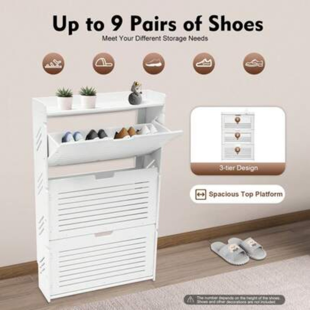 Shoe Rack Cabinet Narrow Entryway - ตู้เก็บรองเท้าทันสมัย 3 ชั้นแบบพับขึ้นได้ สีขาว สำหรับทางเข้าบ้าน โถงทางเดิน