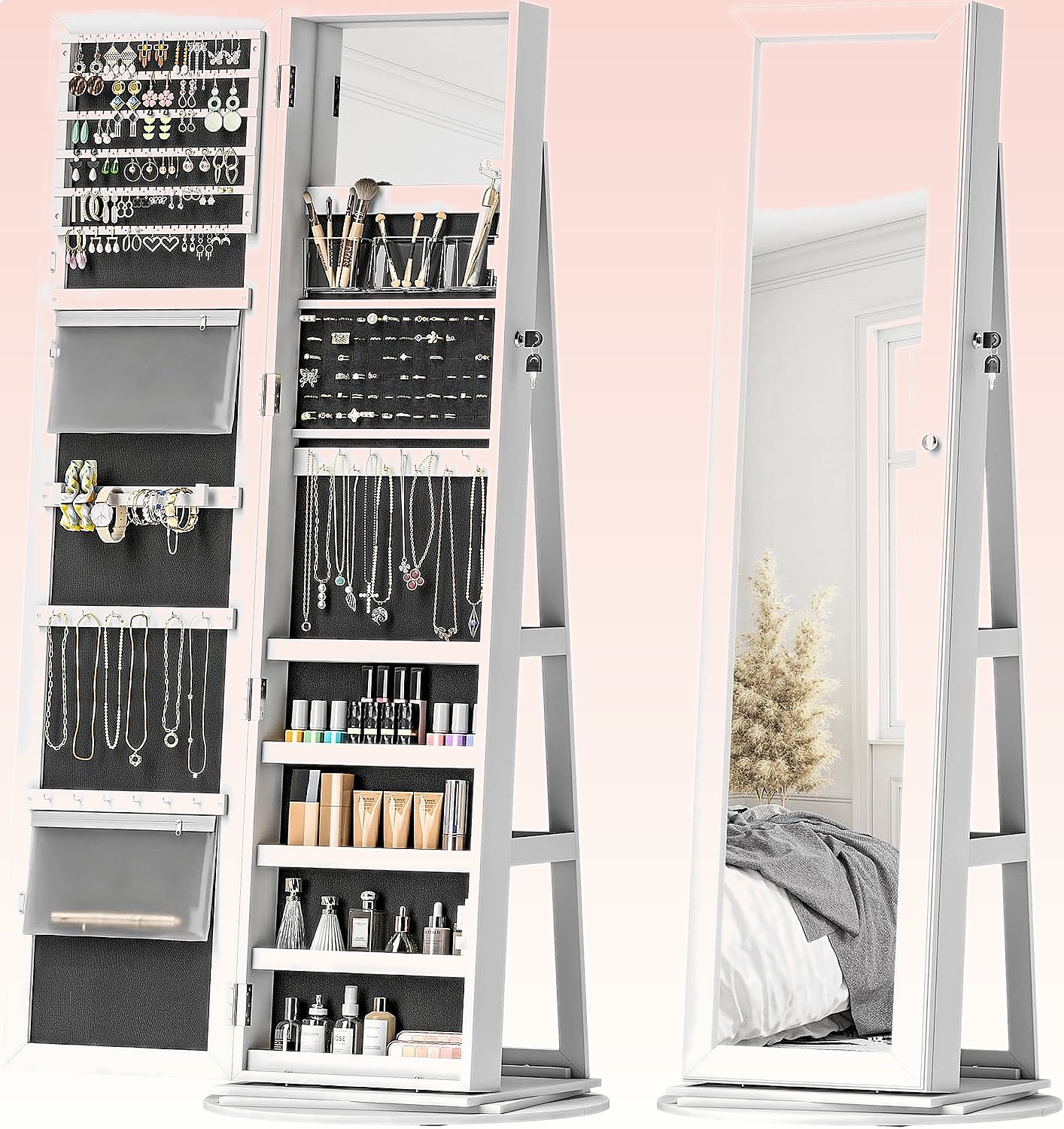 Full Length Mirror Jewelry Armoire - HOMCOM 360 ° ตู้เก็บเครื่องประดับแบบหมุนได้พร้อมกระจกเต็มตัวและชั้นวางของ สีขาว