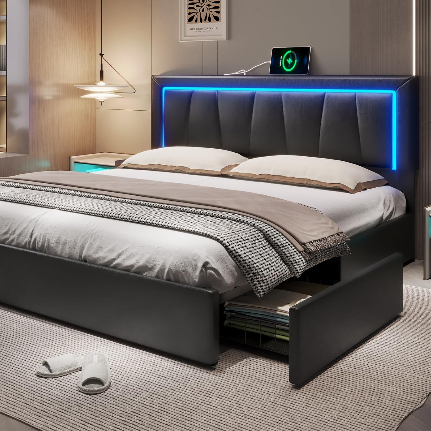 King Size Bed Frame With Storage Drawers - โครงเตียงขนาดคิงไซส์แคลิฟอร์เนียพร้อมลิ้นชักเก็บของ 4 ช่องด้านล่าง เตียงแพลตฟอร์มหุ้มเบาะขนาดคิงไซส์แคลิฟอร์เนียพร้อมวัสดุเทียม ปรับแต่งได้