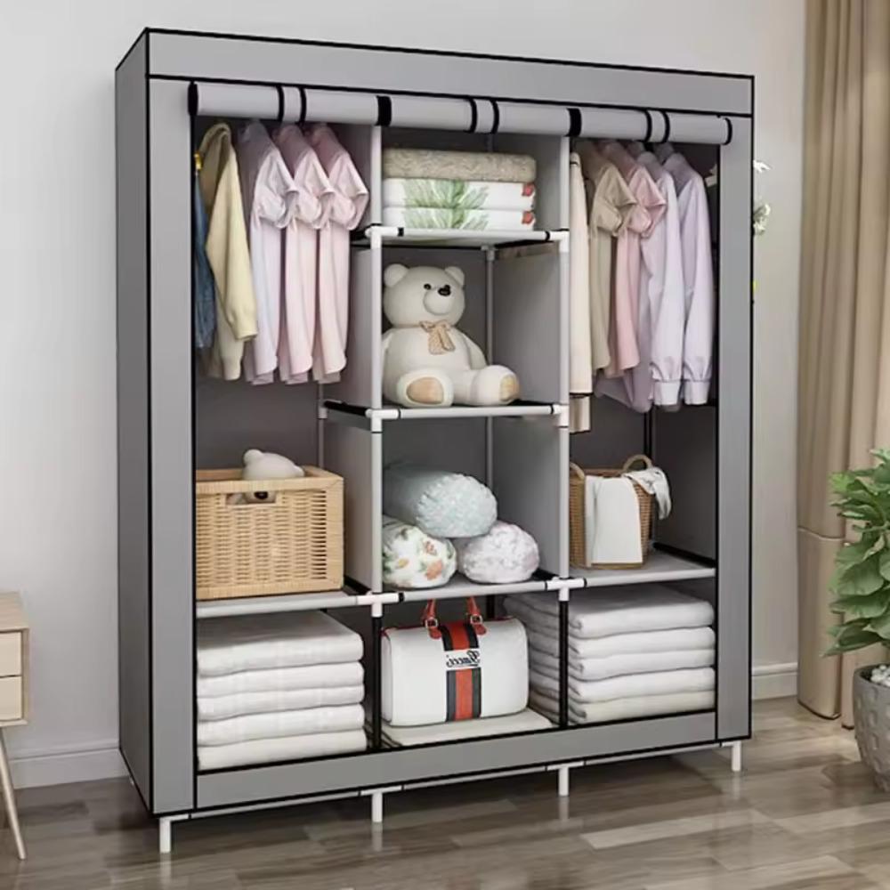 Wardrobe Closet Portable Fabric Cover - ตู้เสื้อผ้าแบบพกพาขนาด 64 นิ้ว ตู้เสื้อผ้าผ้าไม่ทอแบบพับได้พร้อมผ้าคลุมกันฝุ่น ประกอบง่าย ตู้เก็บของประหยัดพื้นที่สำหรับห้องนอน