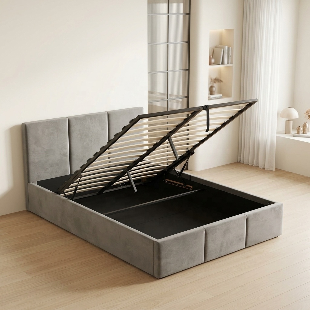 Gas Lift Storage Bed Hydraulic - ตัวอย่างฟรี: เตียงนอนทันสมัยแบบนุ่มพร้อมโครงไม้สน ระบบยกไฮดรอลิกพร้อมที่เก็บของ และหุ้มด้วยผ้ากำมะหยี่แบบปักลาย