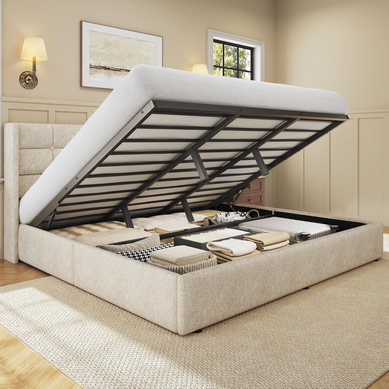 Gas Lift Storage Bed Hydraulic - โครงเตียงยกเก็บของขนาดคิงไซส์, เตียงแพลตฟอร์มหุ้มผ้าลินินพร้อมหัวเตียงแบบวิงแบ็ค, ระบบยกเก็บของใต้เตียงด้วยแก๊สไฮดรอลิก, โครงเหล็กเสริมความแข็งแรง, เฟอร์นิเจอร์ห้องนอนที่มั่นคงและเงียบสงบ, สีเบจ