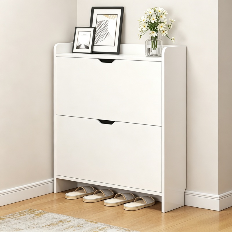 Shoe Rack Cabinet Narrow Entryway - ตู้เก็บรองเท้าไม้ 2 ชั้น พร้อมลิ้นชักแบบพลิก ตู้เก็บรองเท้าทรงแคบ ประหยัดพื้นที่