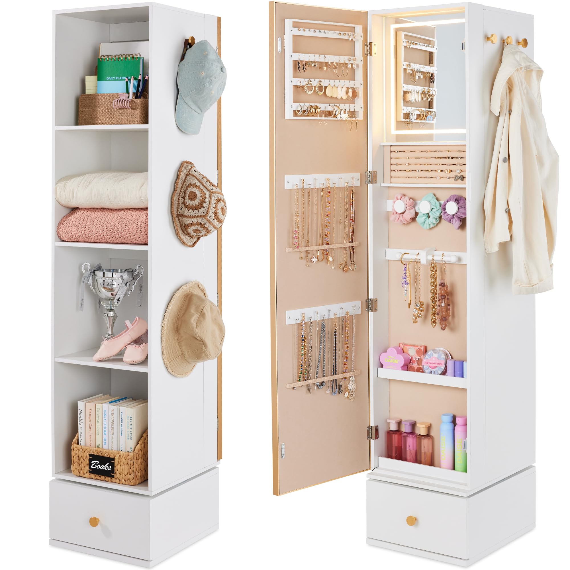 Full Length Mirror Jewelry Armoire - กระจกหมุนพร้อมตู้เก็บของ, ตู้เก็บเครื่องประดับหมุนได้ 360 องศาพร้อมกระจกเต็มตัว, โครงโลหะสีทองพร้อมชั้นวางแบบลูกบาศก์