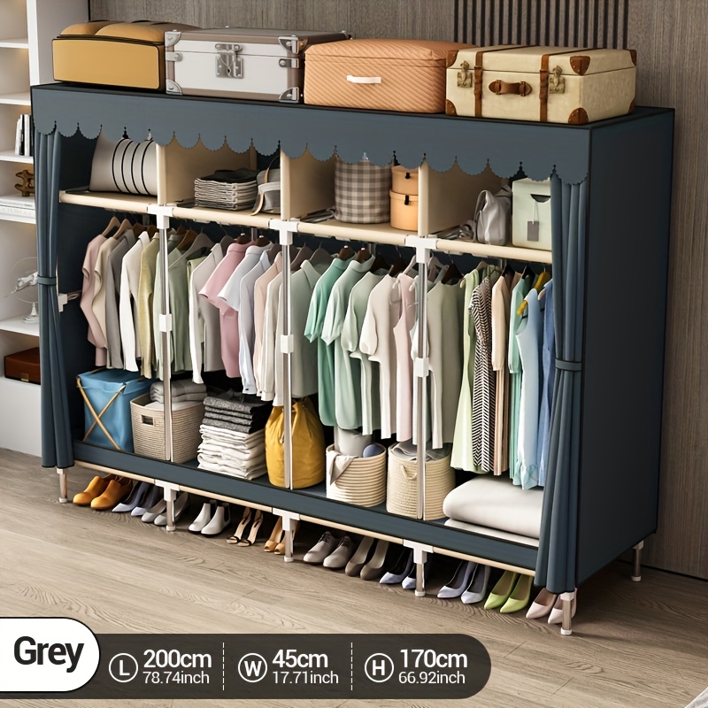 Wardrobe Closet Portable Fabric Cover - ตู้เสื้อผ้าแบบพกพาโครงเหล็กพร้อมราวแขวนผ้า ผ้าคลุมป้องกัน ตู้เก็บของสำหรับห้องนอน ตู้เสื้อผ้าแบบพกพา