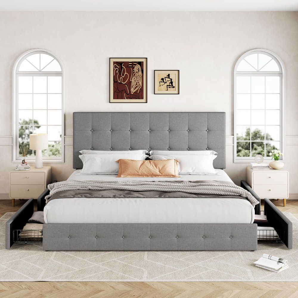 King Size Bed Frame With Storage Drawers - โครงเตียงขนาดคิงไซส์พร้อมลิ้นชักเก็บของและหัวเตียง สีเทาอ่อน จัดส่งจากสหรัฐอเมริกา