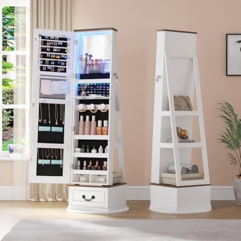Full Length Mirror Jewelry Armoire - 360 ° ตู้เก็บเครื่องประดับแบบหมุนได้พร้อมกระจกเต็มตัว | ที่เก็บของแบบตั้งพื้นพร้อมลิ้นชักสำหรับใส่ของ