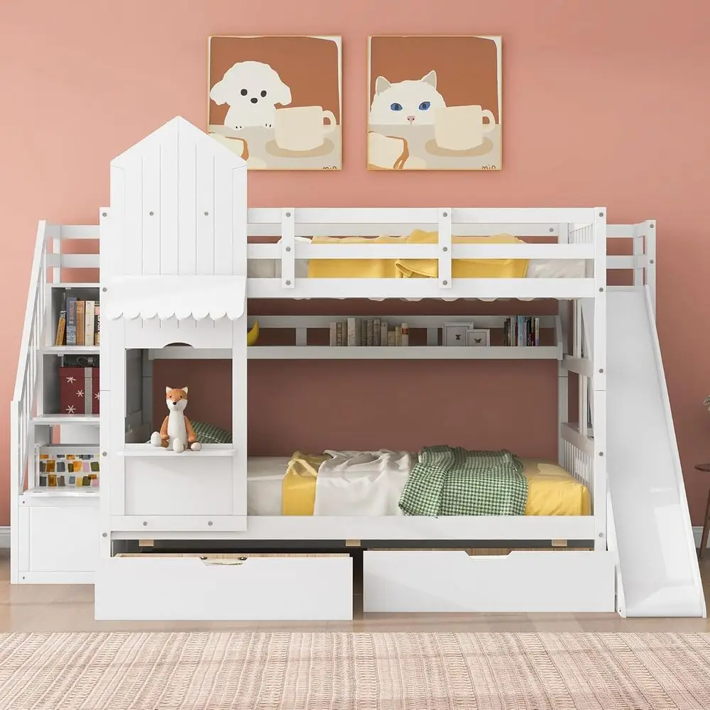 Bunk Bed With Stairs And Slide - เตียงสองชั้นสำหรับเด็กสีขาวพร้อมสไลด์และบันไดเก็บของ ขนาดฟูลโอเวอร์ฟูล เหมาะสำหรับเด็กชายและเด็กหญิง