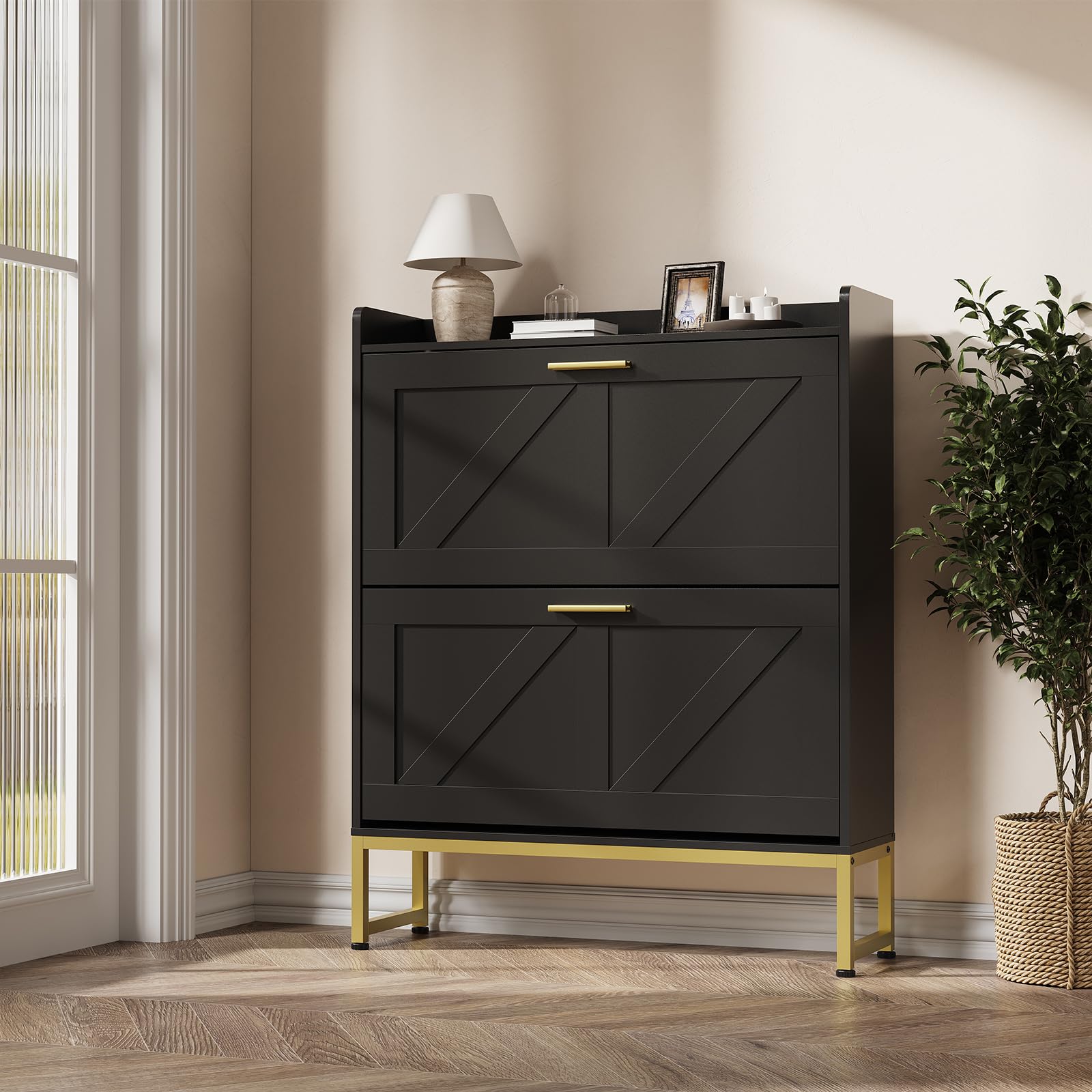 Shoe Rack Cabinet Narrow Entryway - ตู้เก็บรองเท้าทรงแคบสำหรับทางเข้าบ้าน พร้อมลิ้นชักแบบพลิก 2 ชั้น ชั้นวางปรับระดับได้ แผงด้านหลังกันฝุ่น