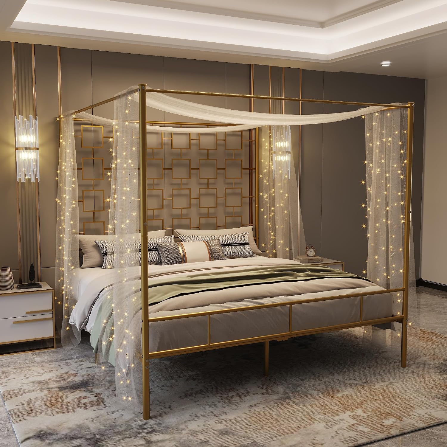 Canopy Bed Frame Metal Queen - โครงเตียงควีนไซส์แบบมีหลังคา โครงโลหะแบบสี่เสา พร้อมหัวเตียงและที่วางเท้า มีที่เก็บของใต้เตียง ไม่ต้องใช้บ็อกซ์สปริง สามารถปรับแต่งได้