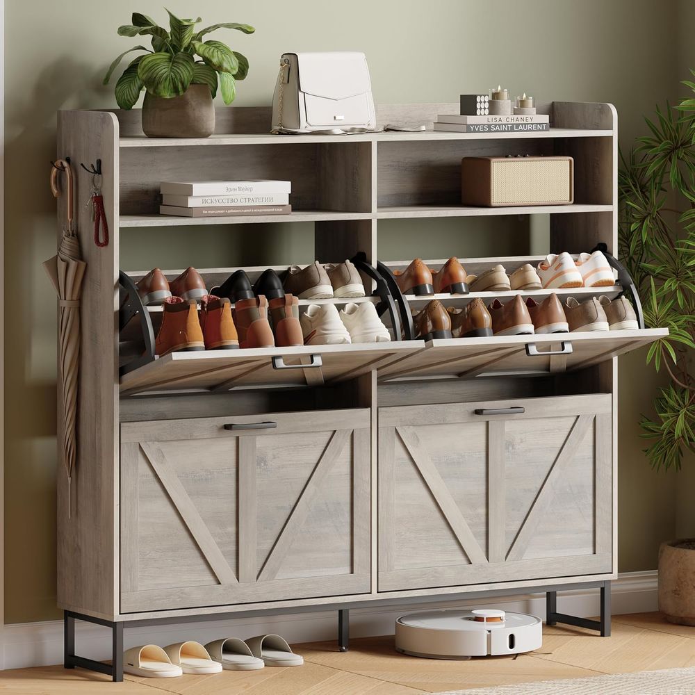 Shoe Rack Cabinet Narrow Entryway - ตู้เก็บรองเท้าพร้อมชั้นวาง 4 ชั้น, ชั้นวางรองเท้าทางเข้าบ้าน, สีเทา |