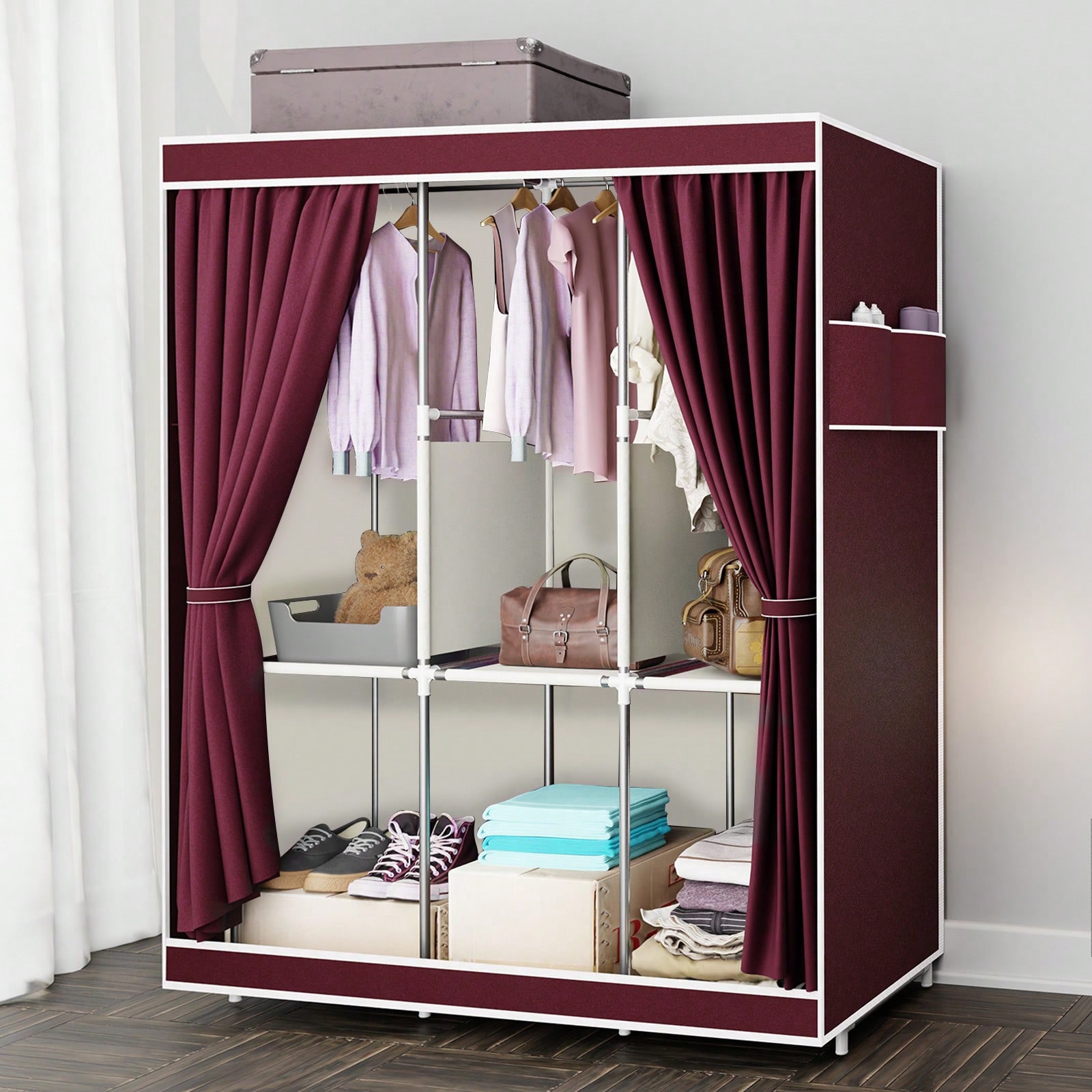 Wardrobe Closet Portable Fabric Cover - ตู้เสื้อผ้าแบบพกพาขนาด 65 นิ้ว พร้อมชั้นวางและราวแขวน, ตู้เก็บผ้าความจุขนาดใหญ่พร้อมฝาปิดซิป, ตู้เก็บของผ้าไม่ทอป้องกันฝุ่นสำหรับห้องนอน