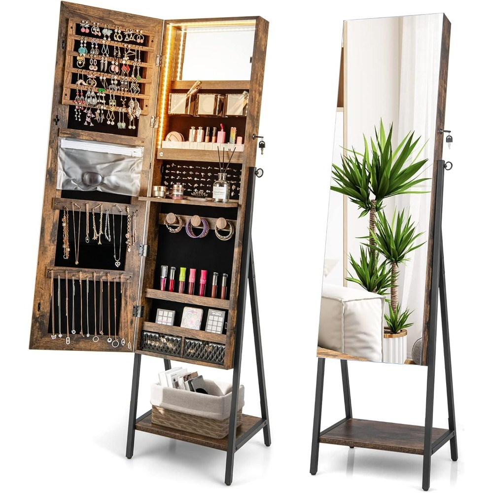 Full Length Mirror Jewelry Armoire - ตู้เก็บเครื่องประดับแบบตั้งพื้น CHARMAID พร้อมกระจกเต็มตัว ตู้เก็บเครื่องประดับแบบมีกุญแจพร้อมไฟ 3 โหมด