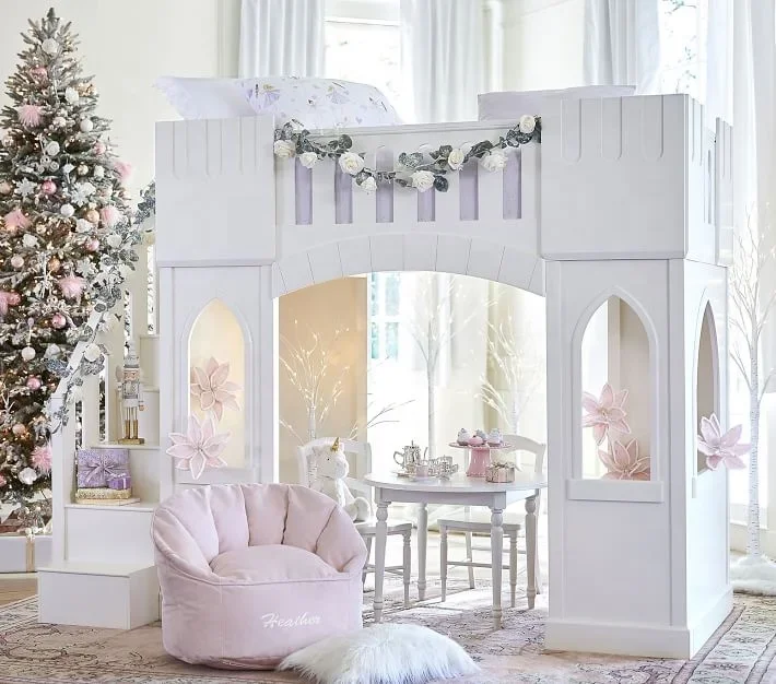 Bunk Bed With Stairs And Slide - เตียงสองชั้นไม้สไตล์โมเดิร์นสำหรับเด็กผู้หญิง รูปทรงปราสาทเจ้าหญิง พร้อมสไลเดอร์หรือบันได จากโรงงาน