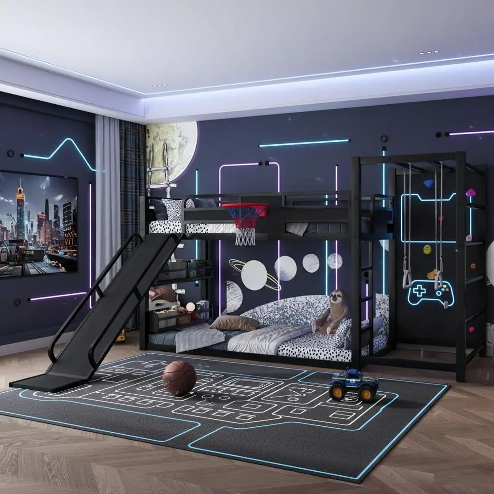 Bunk Bed With Stairs And Slide - เตียงสองชั้นโลหะพร้อมห่วงบาสเกตบอล บันได สไลเดอร์ ห่วงดึงขึ้น ผนังปีนป่าย ดีไซน์สนุกสนาน