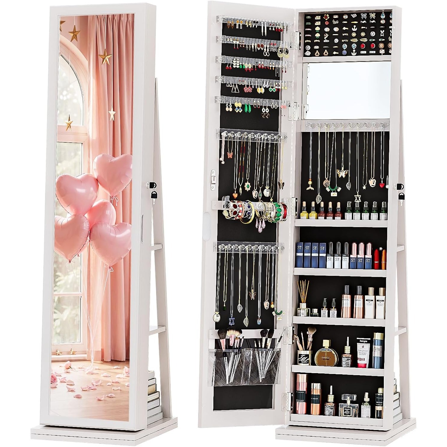 Full Length Mirror Jewelry Armoire - ตู้เก็บเครื่องประดับ 4-in-1 แบบตั้งพื้นพร้อมกุญแจล็อค สีขาว | ตู้เก็บเครื่องประดับพร้อมกระจกเต็มตัว,