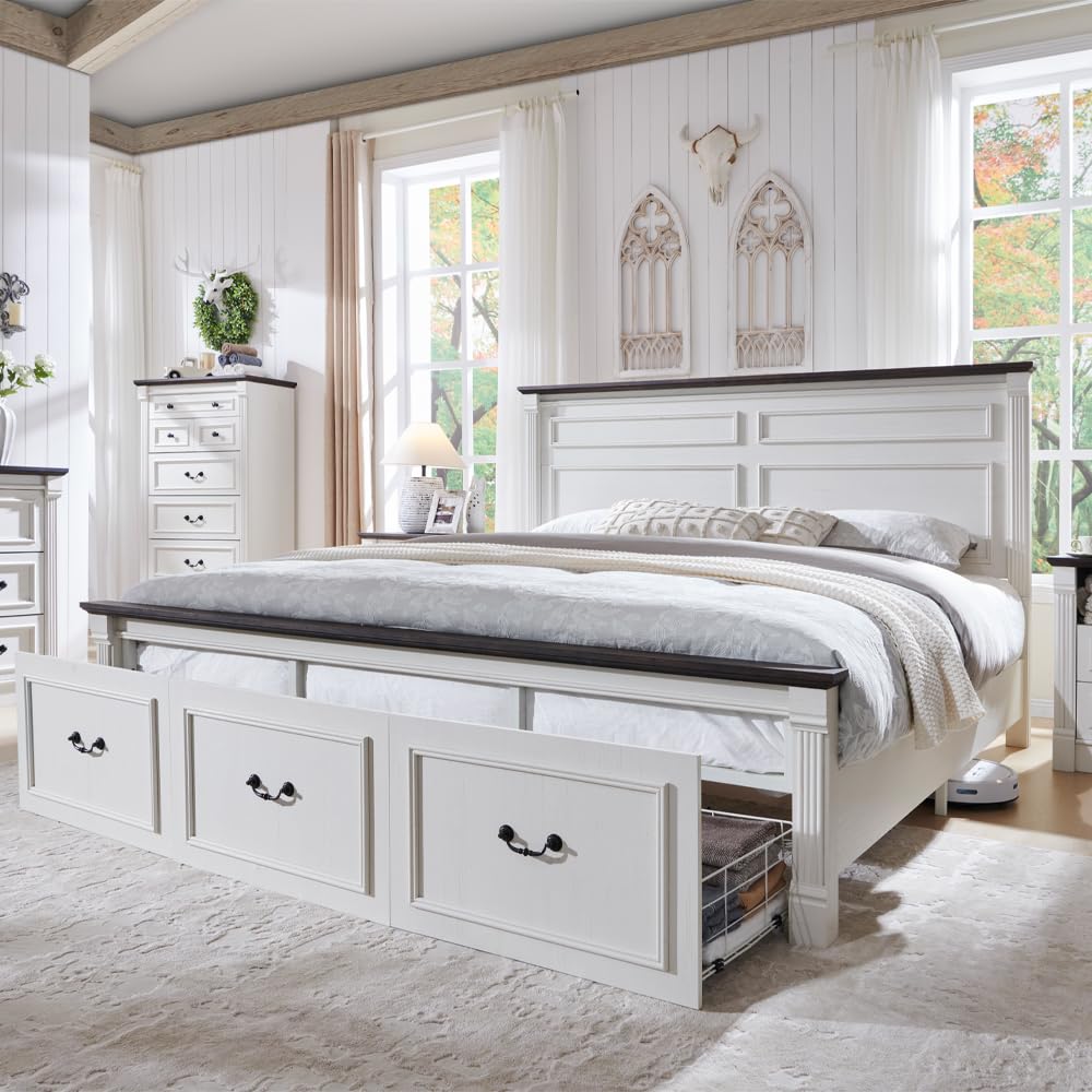 โครงเตียงขนาดคิงไซส์สไตล์ฟาร์ม - King Size Bed Frame With Storage Drawers บทวิจารณ์และราคา