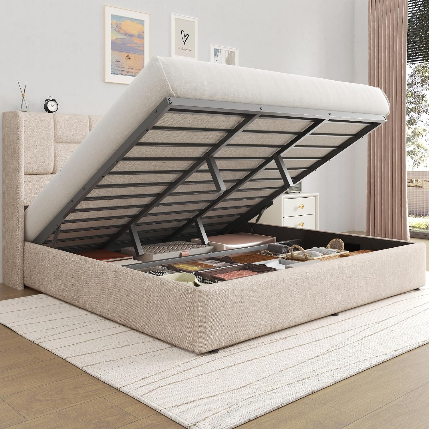 โครงเตียงคิงไซส์หุ้มผ้าลินิน พ - Gas Lift Storage Bed Hydraulic บทวิจารณ์และราคา