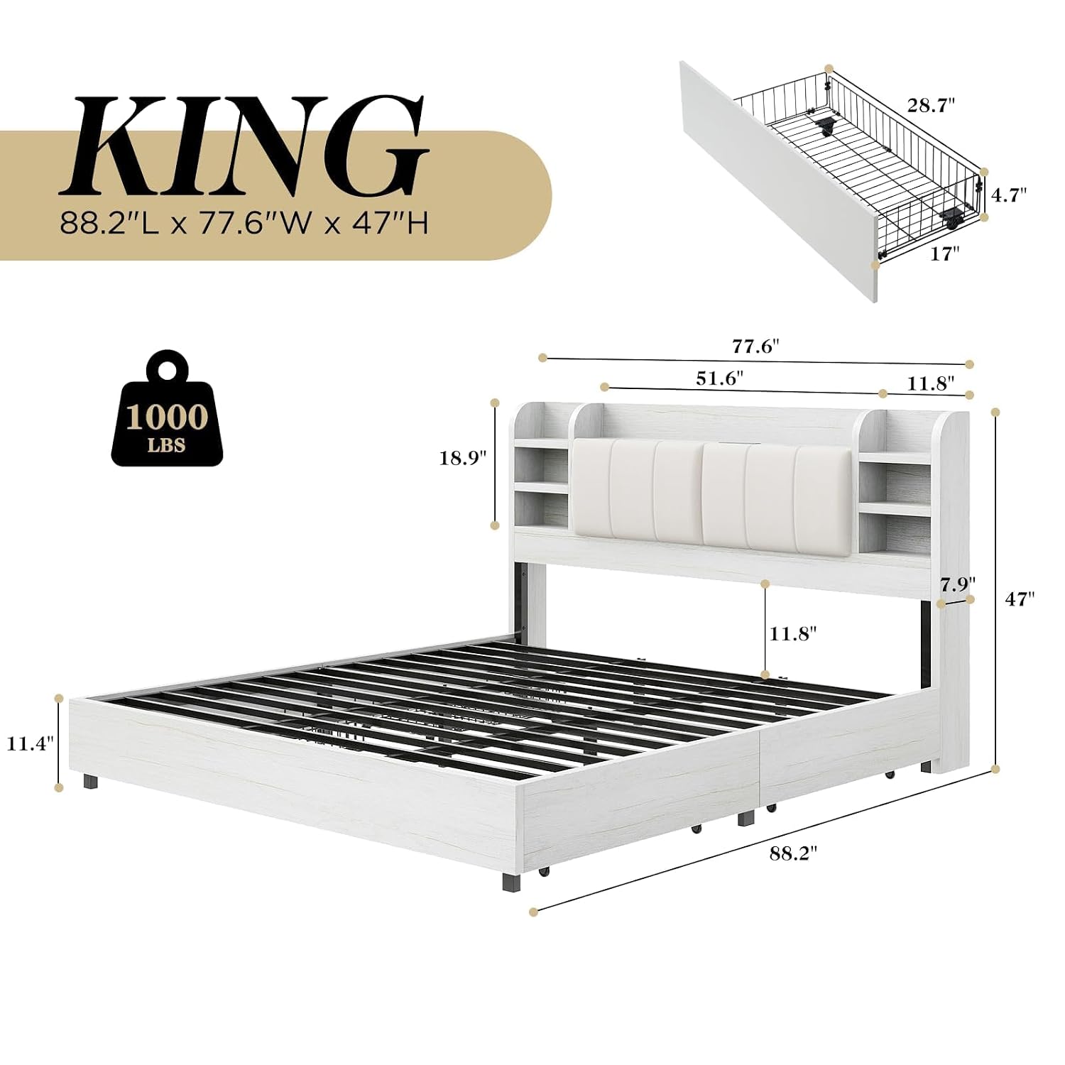 เตียงแพลตฟอร์มหุ้มเบาะขนาดคิงไ - King Size Bed Frame With Storage Drawers บทวิจารณ์และราคา