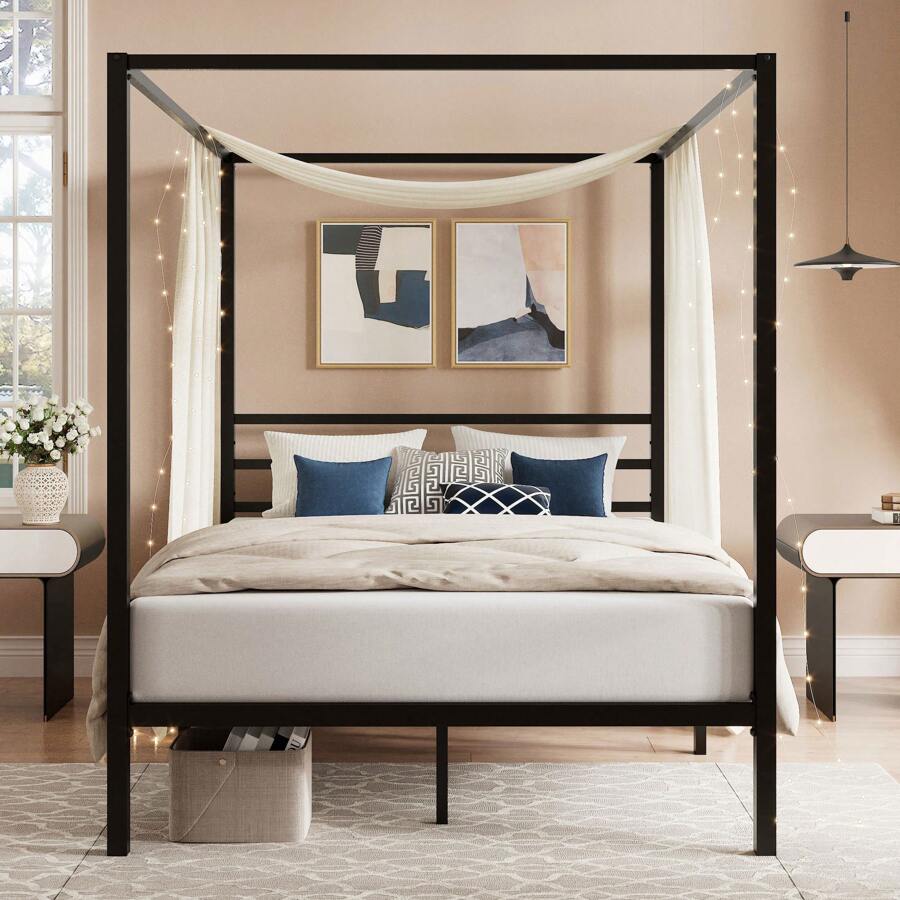 โครงเตียงทรงหลังคาสีดำ ขนาดฟูล - Canopy Bed Frame Metal Queen บทวิจารณ์และราคา