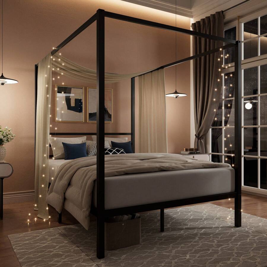 โครงเตียงทรงหลังคาสีดำ ขนาดฟูล - Canopy Bed Frame Metal Queen บทวิจารณ์และราคา