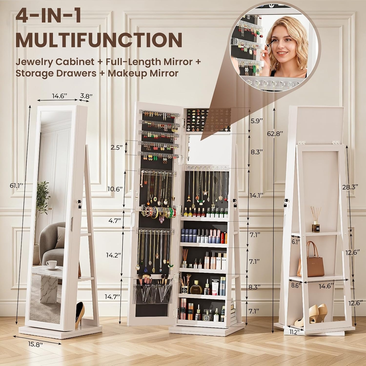 ตู้เก็บเครื่องประดับ 4-in-1 แบ - Full Length Mirror Jewelry Armoire บทวิจารณ์และราคา